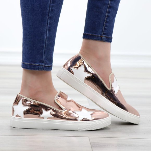 Rose Gold With White Stars Patent Sneakers Shoes - Picture 3 of 14